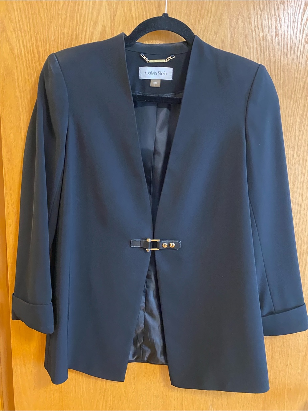 Calvin Klein Navy Open-Front Blazer with Gold Accent